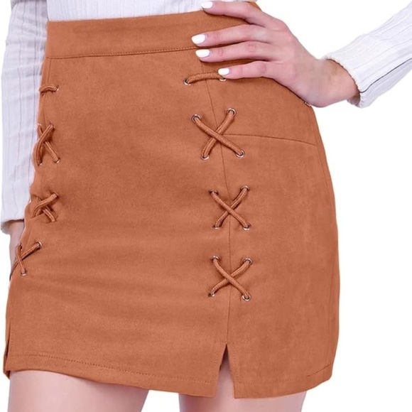 Diashiny Faux Suede Lace-Up Mini Skirt Camel Brown Boho Western Chic - Picture 8 of 8